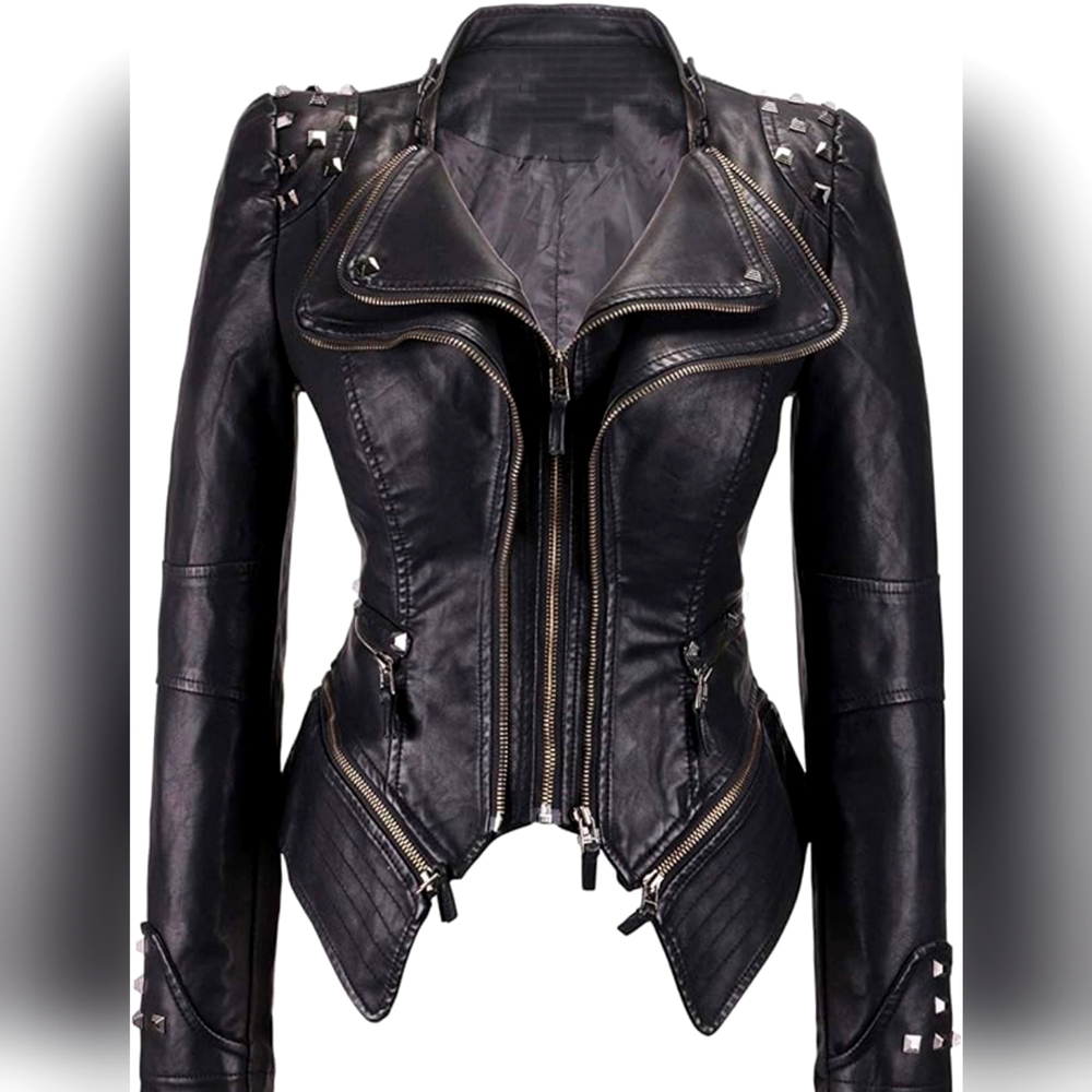 Edgy Cool Black Faux Leather Studded Moto Biker Jacket - Picture 3 of 3